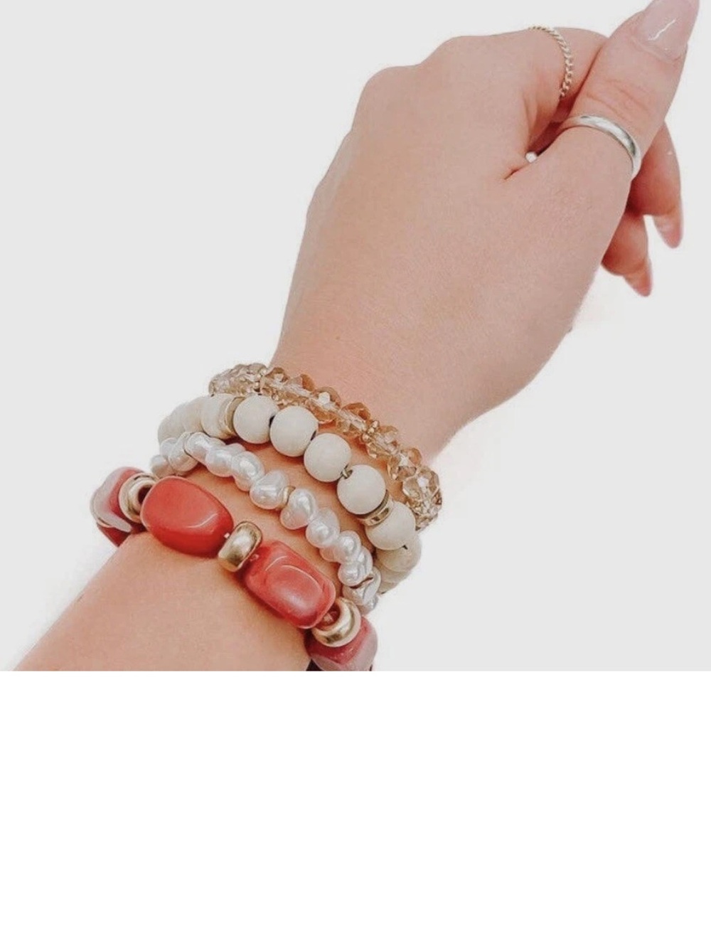 Stacked Coral and Pearl Beaded Bracelet Set